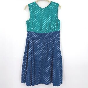 Emily And Fin Polka Dot 100% Cotton Pleated Dress Blue Green Size Medium